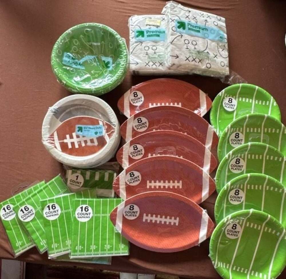 #432 Football Party Supplies Bundle - Plates, Bowls, Napkins, Table Cover